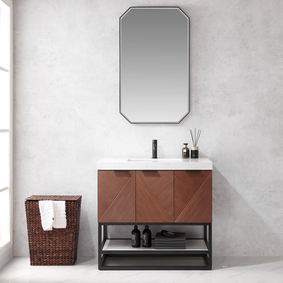 Issac Edwards 36B" Free-standing Single Bath Vanity in North American Deep Walnut with White Grain Composite Stone Top and Mirror