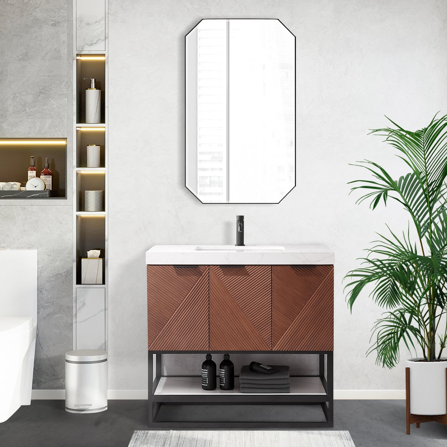 Mahon 36B" Free-standing Single Bath Vanity in North American Deep Walnut with White Grain Composite Stone Top