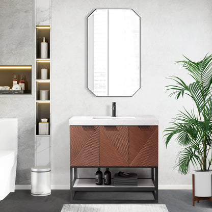 Mahon 36B" Free-standing Single Bath Vanity in North American Deep Walnut with White Grain Composite Stone Top