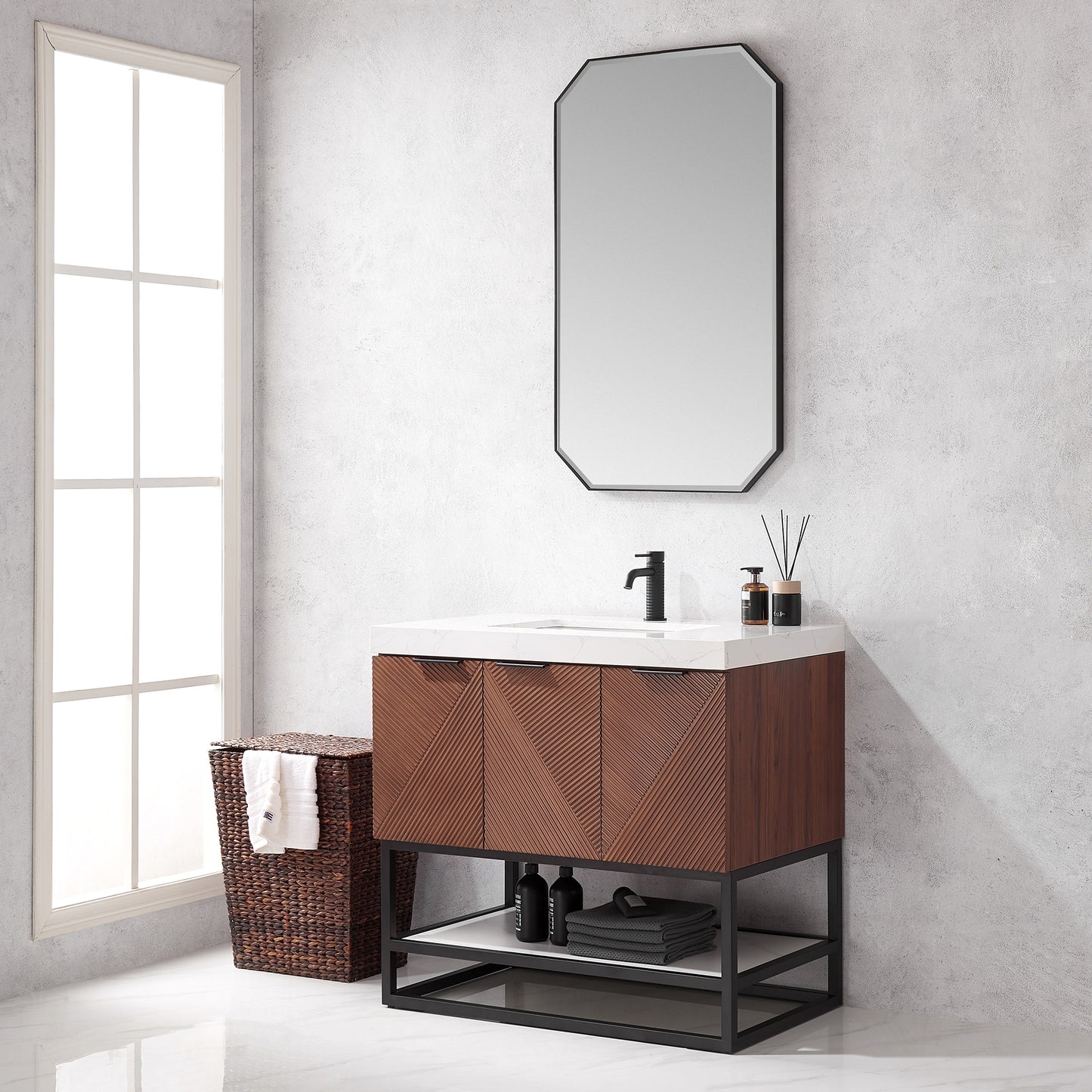Mahon 36B" Free-standing Single Bath Vanity in North American Deep Walnut with White Grain Composite Stone Top