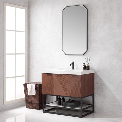 Mahon 36B" Free-standing Single Bath Vanity in North American Deep Walnut with White Grain Composite Stone Top