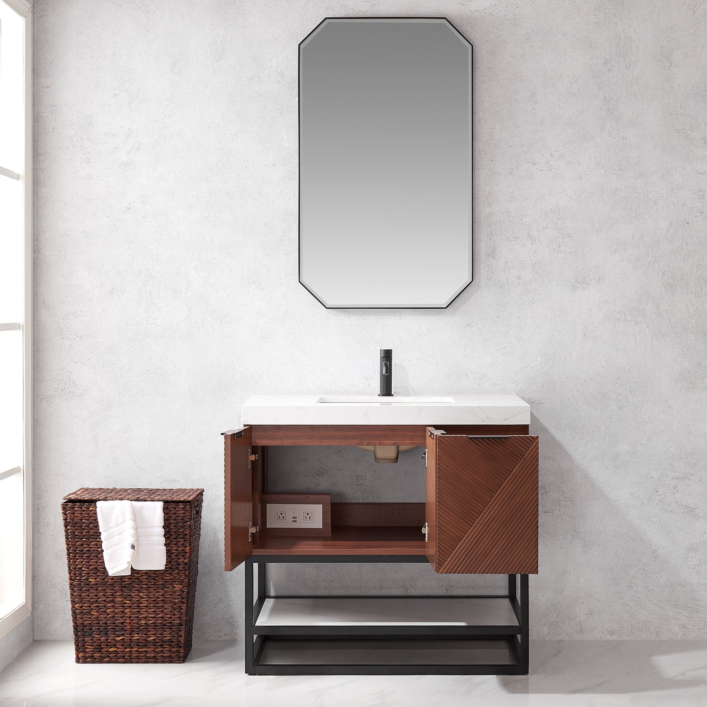 Mahon 36B" Free-standing Single Bath Vanity in North American Deep Walnut with White Grain Composite Stone Top