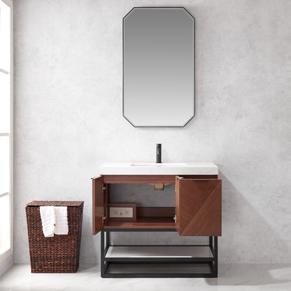Mahon 36B" Free-standing Single Bath Vanity in North American Deep Walnut with White Grain Composite Stone Top
