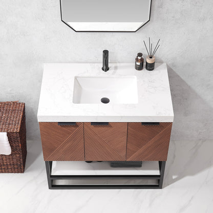Mahon 36B" Free-standing Single Bath Vanity in North American Deep Walnut with White Grain Composite Stone Top