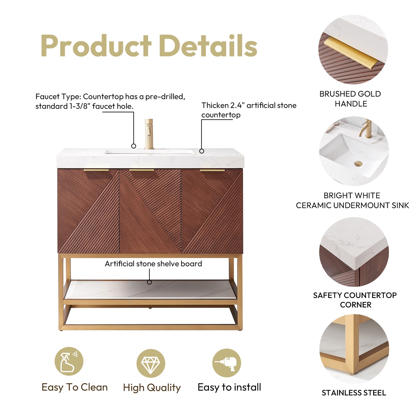 Mahon 36G" Free-standing Single Bath Vanity in North American Deep Walnut with White Grain Composite Stone Top