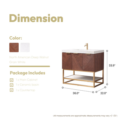 Mahon 36G" Free-standing Single Bath Vanity in North American Deep Walnut with White Grain Composite Stone Top