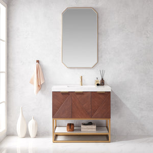 Open image in slideshow, Mahon 36G&quot; Free-standing Single Bath Vanity in North American Deep Walnut with White Grain Composite Stone Top

