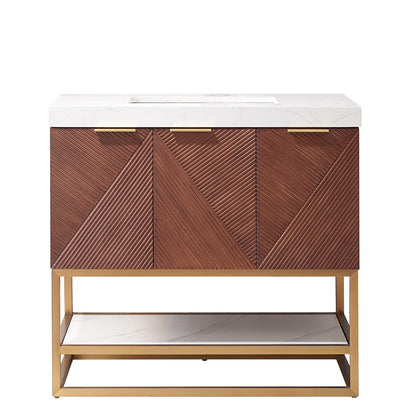 Mahon 36G" Free-standing Single Bath Vanity in North American Deep Walnut with White Grain Composite Stone Top