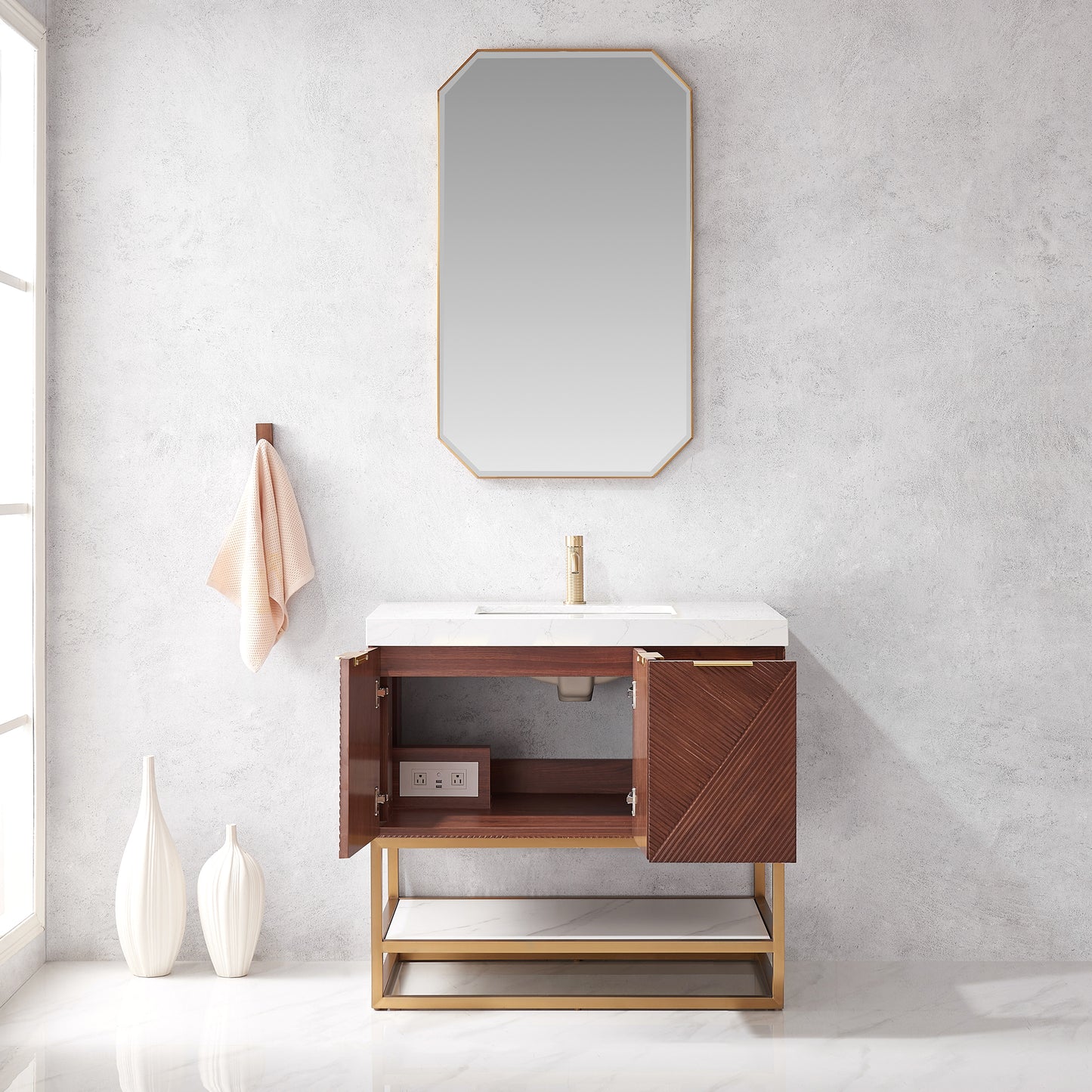 Mahon 36G" Free-standing Single Bath Vanity in North American Deep Walnut with White Grain Composite Stone Top