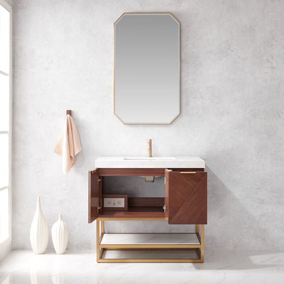 Mahon 36G" Free-standing Single Bath Vanity in North American Deep Walnut with White Grain Composite Stone Top