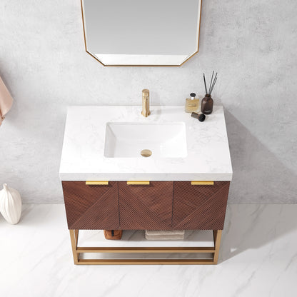 Mahon 36G" Free-standing Single Bath Vanity in North American Deep Walnut with White Grain Composite Stone Top