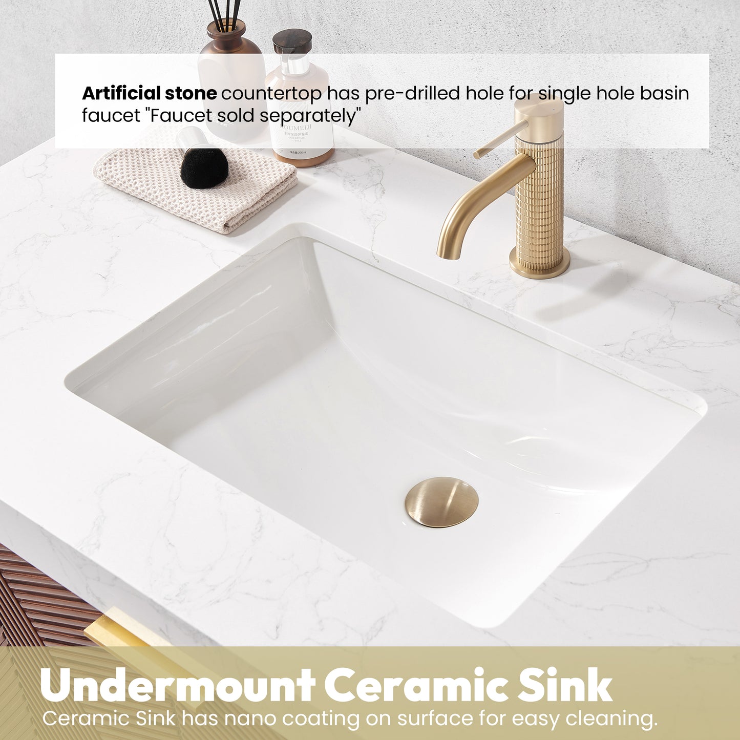 Mahon 36G" Free-standing Single Bath Vanity in North American Deep Walnut with White Grain Composite Stone Top