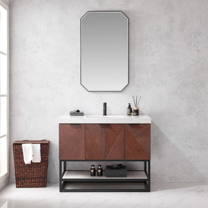 Mahon 42B" Free-standing Single Bath Vanity in North American Deep Walnut with White Grain Composite Stone Top