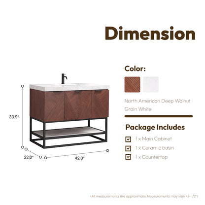 Mahon 42B" Free-standing Single Bath Vanity in North American Deep Walnut with White Grain Composite Stone Top