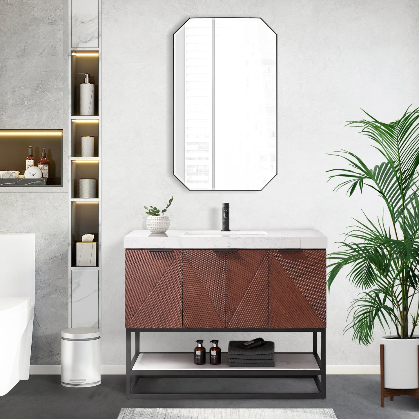 Mahon 42B" Free-standing Single Bath Vanity in North American Deep Walnut with White Grain Composite Stone Top