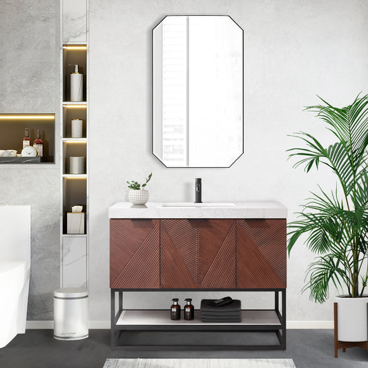 Mahon 42B" Free-standing Single Bath Vanity in North American Deep Walnut with White Grain Composite Stone Top
