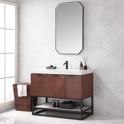Mahon 42B" Free-standing Single Bath Vanity in North American Deep Walnut with White Grain Composite Stone Top