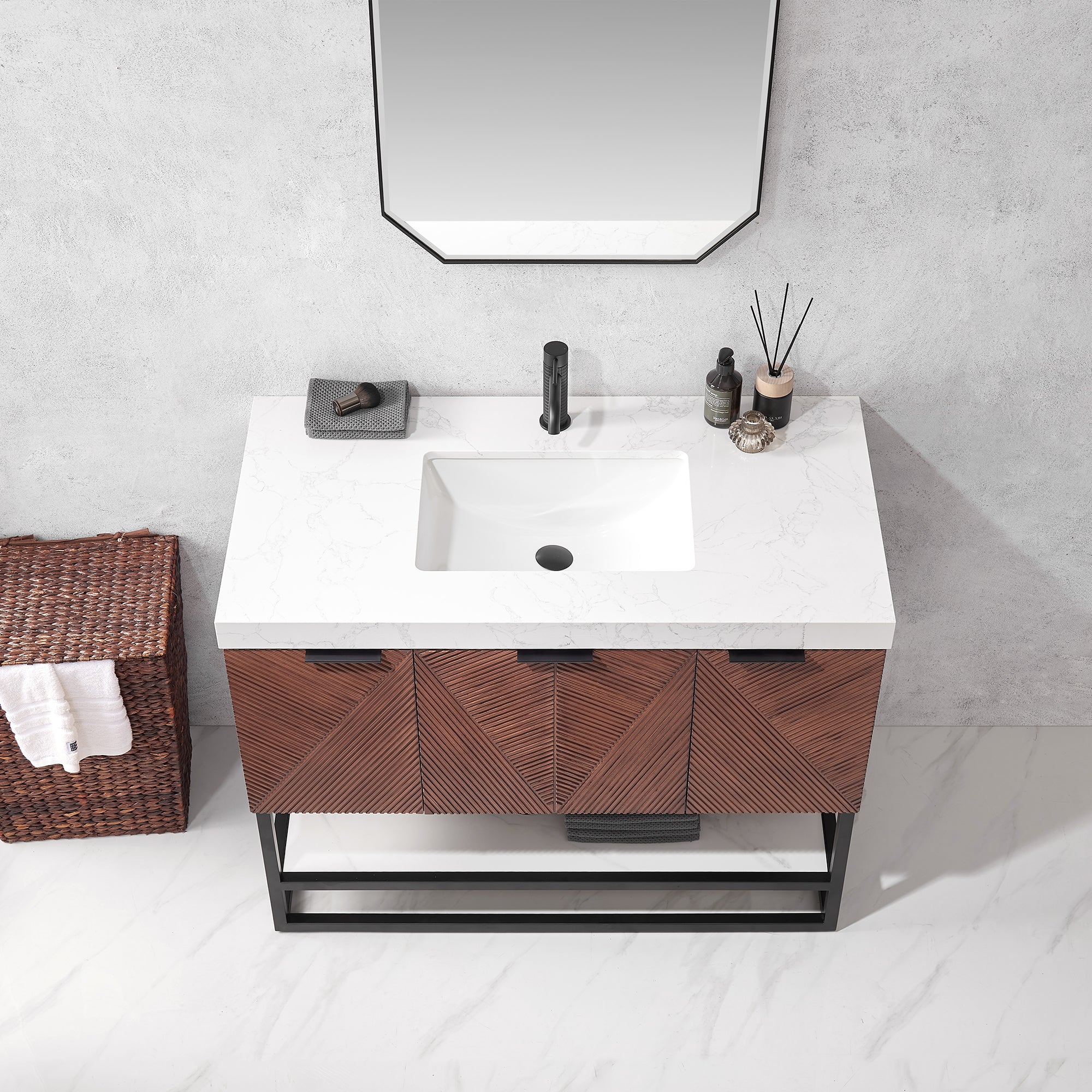 Mahon 42B" Free-standing Single Bath Vanity in North American Deep Walnut with White Grain Composite Stone Top