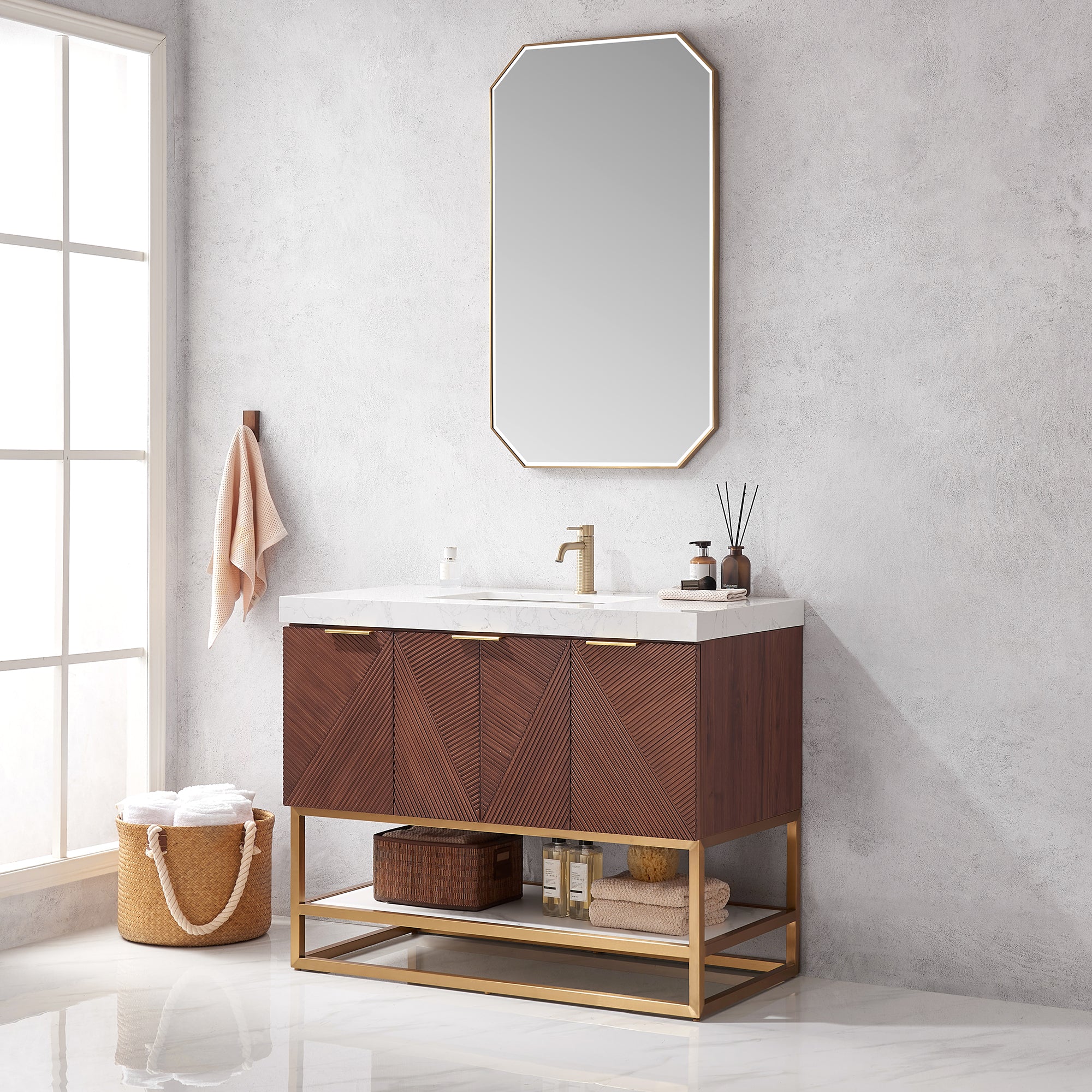 Mahon 42G" Free-standing Single Bath Vanity in North American Deep Walnut with White Grain Composite Stone Top