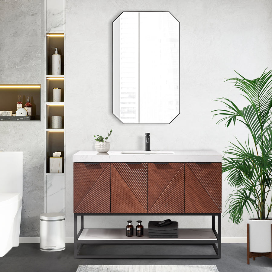 Issac Edwards 48B" Free-standing Single Bath Vanity in North American Deep Walnut with White Grain Composite Stone Top and Mirror