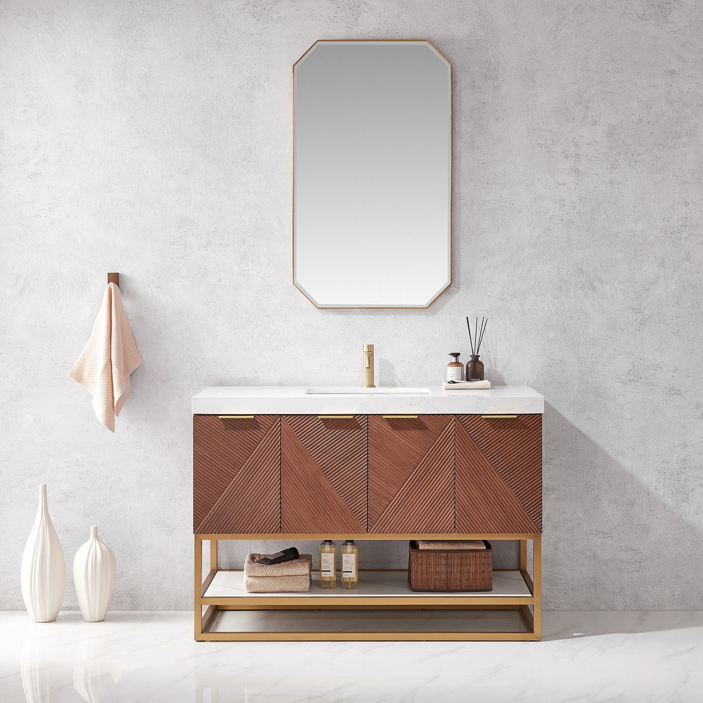 Mahon 48G" Free-standing Single Bath Vanity in North American Deep Walnut with White Grain Composite Stone Top