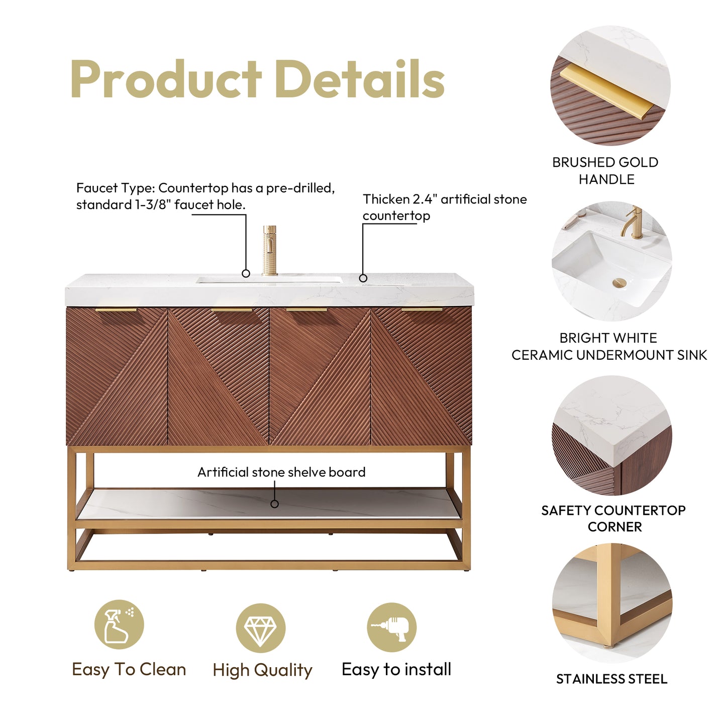 Mahon 48G" Free-standing Single Bath Vanity in North American Deep Walnut with White Grain Composite Stone Top