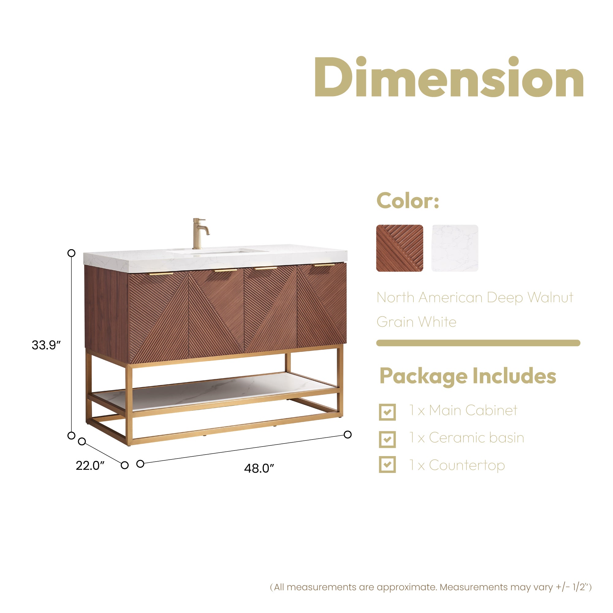 Mahon 48G" Free-standing Single Bath Vanity in North American Deep Walnut with White Grain Composite Stone Top
