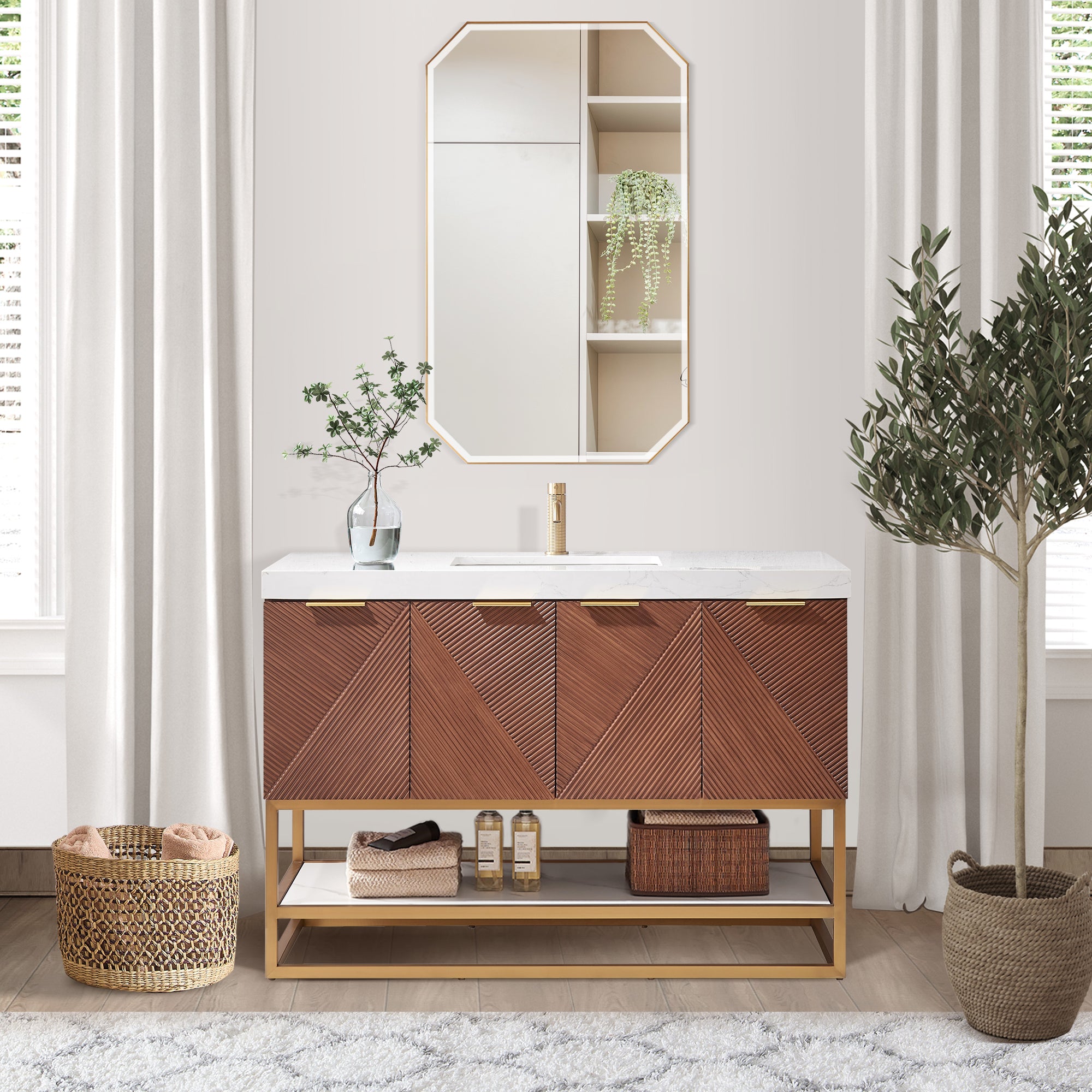 Mahon 48G" Free-standing Single Bath Vanity in North American Deep Walnut with White Grain Composite Stone Top