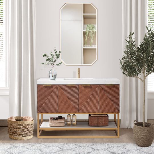 Issac Edwards 48G" Free-standing Single Bath Vanity in North American Deep Walnut with White Grain Composite Stone Top and Mirror