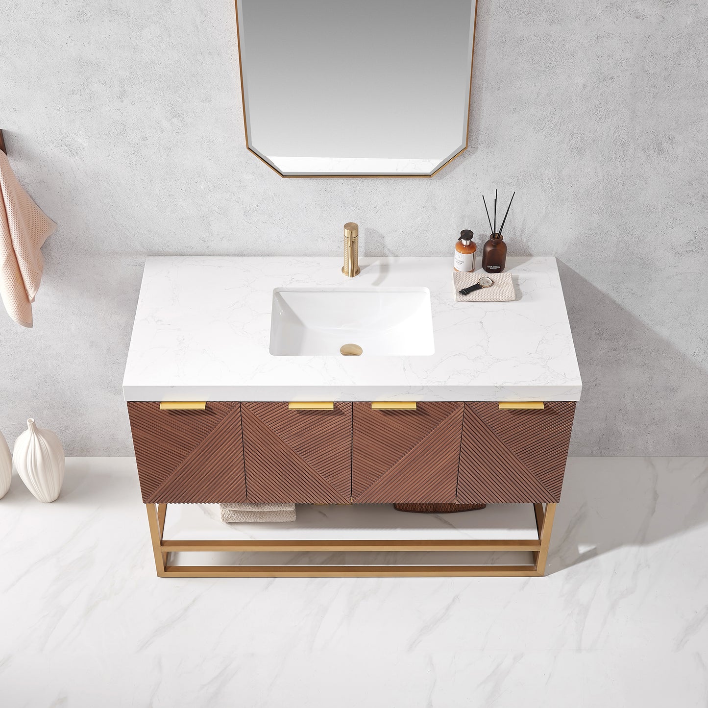 Mahon 48G" Free-standing Single Bath Vanity in North American Deep Walnut with White Grain Composite Stone Top