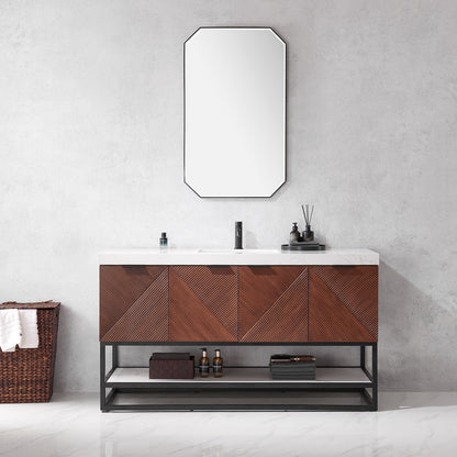 Mahon 60B" Free-standing Single Bath Vanity in North American Deep Walnut with White Grain Composite Stone Top