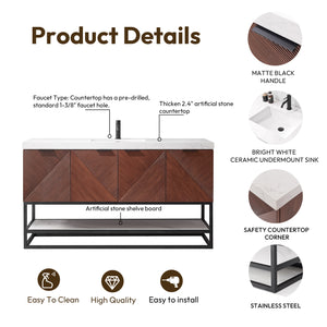 Mahon 60B" Free-standing Single Bath Vanity in North American Deep Walnut with White Grain Composite Stone Top