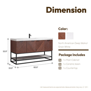 Mahon 60B" Free-standing Single Bath Vanity in North American Deep Walnut with White Grain Composite Stone Top