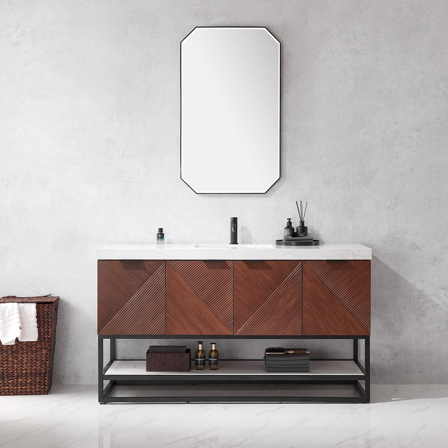 Issac Edwards 60B" Free-standing Single Bath Vanity in North American Deep Walnut with White Grain Composite Stone Top and Mirror
