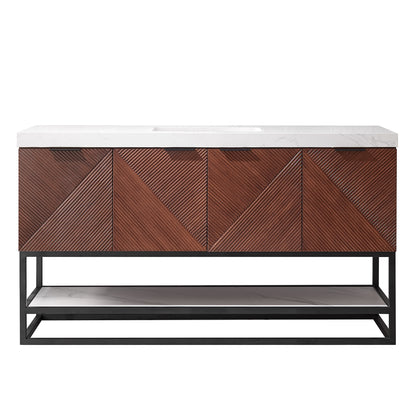 Mahon 60B" Free-standing Single Bath Vanity in North American Deep Walnut with White Grain Composite Stone Top