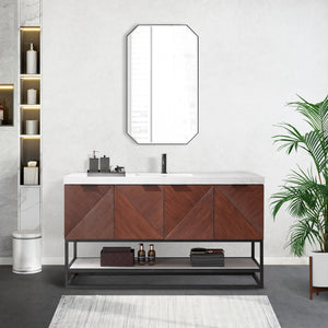 Mahon 60B" Free-standing Single Bath Vanity in North American Deep Walnut with White Grain Composite Stone Top