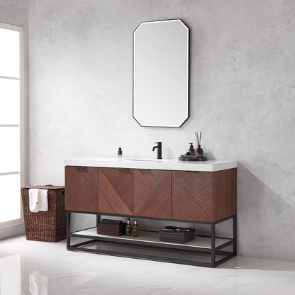 Mahon 60B" Free-standing Single Bath Vanity in North American Deep Walnut with White Grain Composite Stone Top