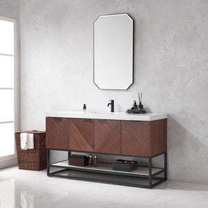 Mahon 60B" Free-standing Single Bath Vanity in North American Deep Walnut with White Grain Composite Stone Top