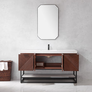 Mahon 60B" Free-standing Single Bath Vanity in North American Deep Walnut with White Grain Composite Stone Top