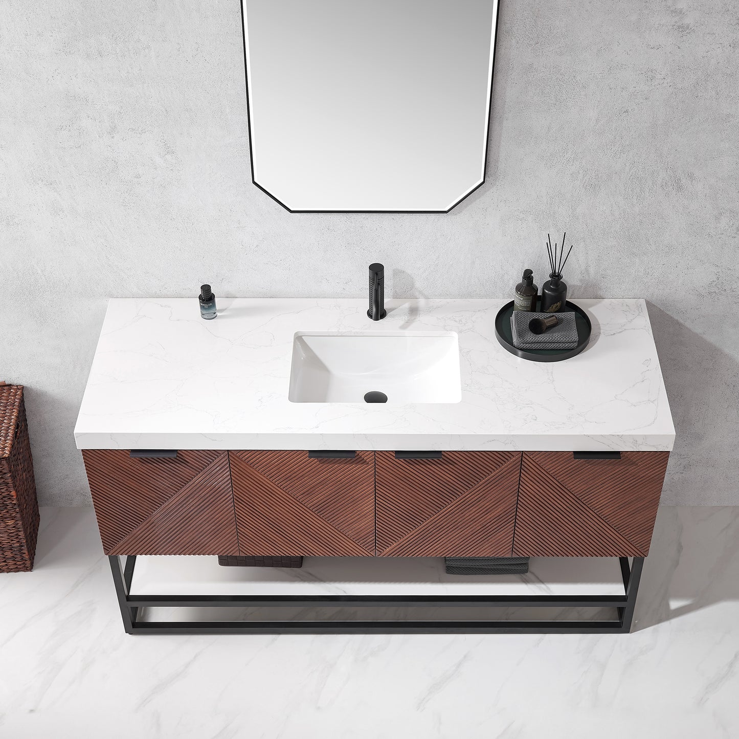 Mahon 60B" Free-standing Single Bath Vanity in North American Deep Walnut with White Grain Composite Stone Top