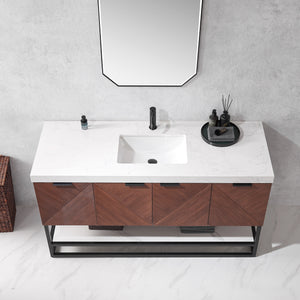 Mahon 60B" Free-standing Single Bath Vanity in North American Deep Walnut with White Grain Composite Stone Top