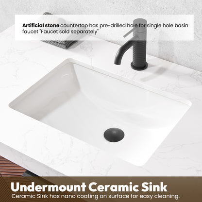 Mahon 60B" Free-standing Single Bath Vanity in North American Deep Walnut with White Grain Composite Stone Top