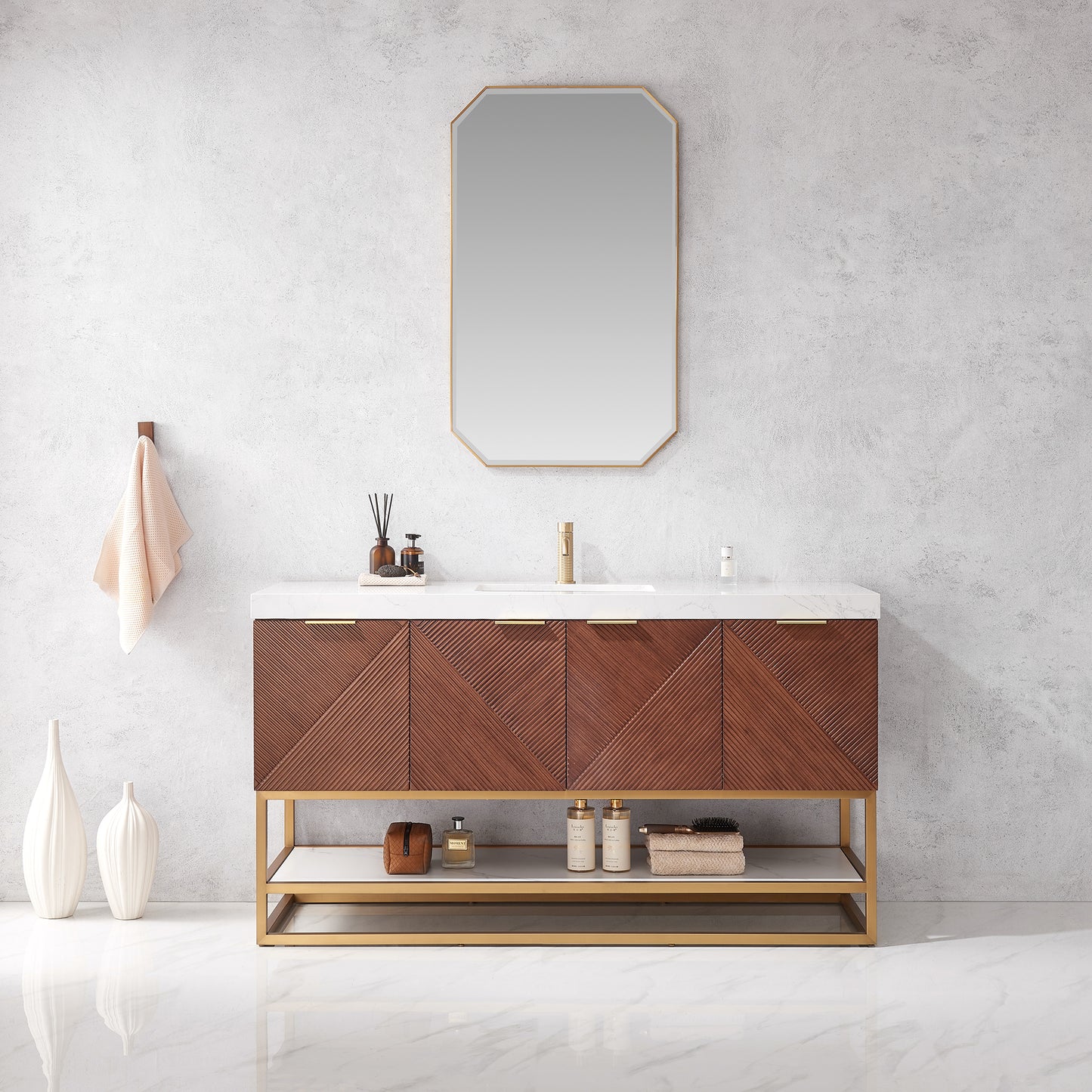 Mahon 60G" Free-standing Single Bath Vanity in North American Deep Walnut with White Grain Composite Stone Top