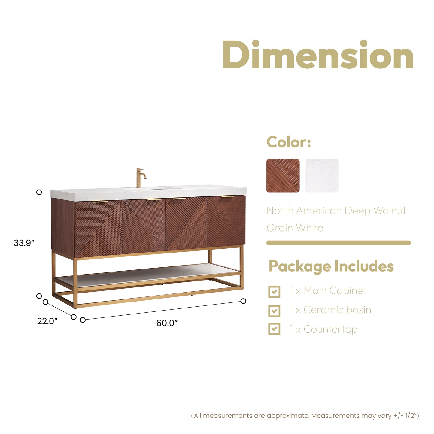 Mahon 60G" Free-standing Single Bath Vanity in North American Deep Walnut with White Grain Composite Stone Top
