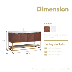 Mahon 60G" Free-standing Single Bath Vanity in North American Deep Walnut with White Grain Composite Stone Top