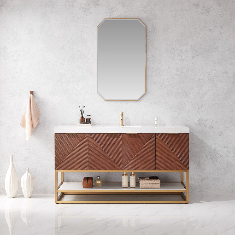 Issac Edwards 60G" Free-standing Single Bath Vanity in North American Deep Walnut with White Grain Composite Stone Top and Mirror