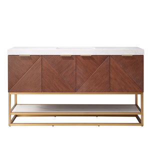 Open image in slideshow, Mahon 60G&quot; Free-standing Single Bath Vanity in North American Deep Walnut with White Grain Composite Stone Top
