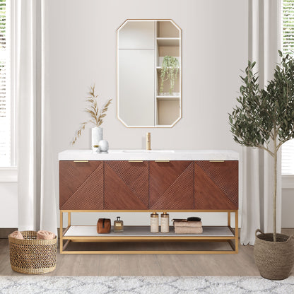 Mahon 60G" Free-standing Single Bath Vanity in North American Deep Walnut with White Grain Composite Stone Top