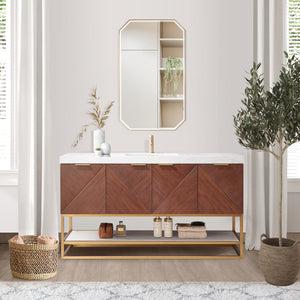 Mahon 60G" Free-standing Single Bath Vanity in North American Deep Walnut with White Grain Composite Stone Top