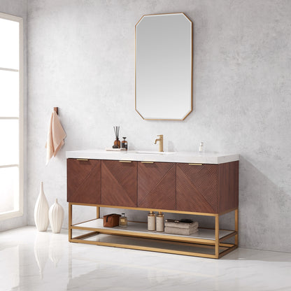 Mahon 60G" Free-standing Single Bath Vanity in North American Deep Walnut with White Grain Composite Stone Top